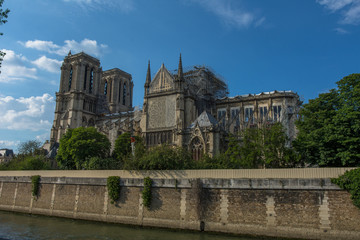 Fototapeta premium Notre Dame de Paris after fire. Reconstruction work in progress after the fire, to prevent the Cathedral Notre Dame de Paris to collapse