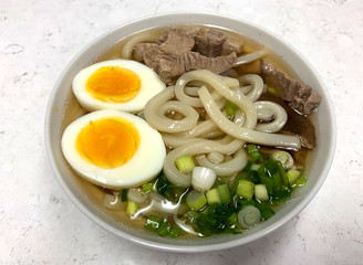 Japanese Udon Noodle Soup with Egg and Scallions
