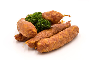 Smoked sausages on a white background