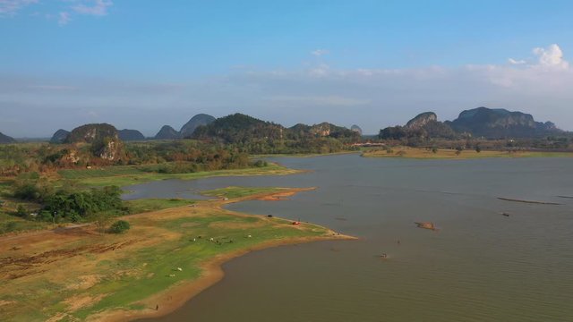 February 29th, 2020 - Perlis, Malaysia : 4k Establishing Aerial View Timah Tasoh Lake side During Beautiful Sunset with Mountain view. Drone Moving Forward