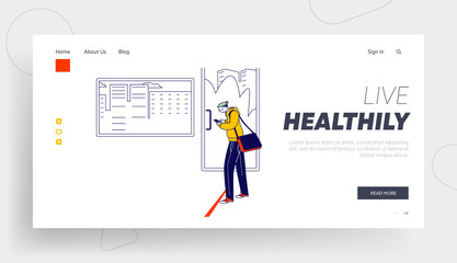 Obraz na płótnie Canvas Protective Measure during Coronavirus Pandemic Landing Page Template. Young Person Stand front of Stop Line Waiting in Pharmacy or Store. Character Visiting Public Place. Linear Vector Illustration