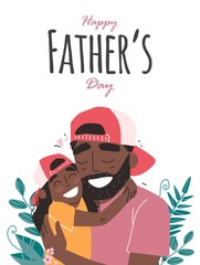 Fathers day, happy family, Black african american daughter hugs dad and smiling