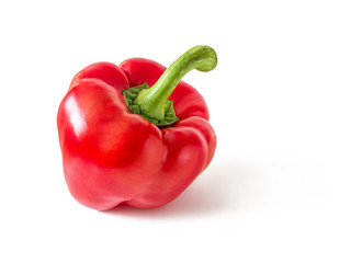 Bright red bell pepper with a shiny skin on a white background