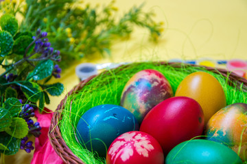 Green grass nest in a basket with colored chicken Easter eggs, multicolored painted eggs,paints and plastic flowers, Easter tradition, celebration concept 
