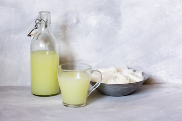 Milk serum. Whey from homemade cottage cheese.