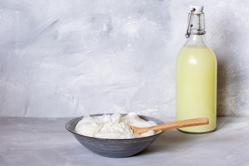 Milk serum. Whey from homemade cottage cheese.