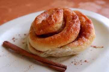 Cinnamon roll close-up with cinnamon stick on white plate