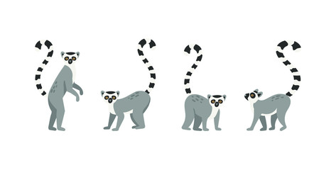 Collection of cute funny exotic lemurs isolated on white background. Set of adorable tropical animals or primates. Flat cartoon colorful vector illustration