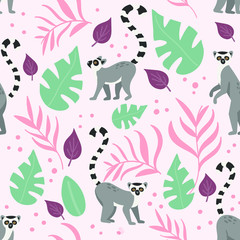 Seamless pattern with flat and cartoon lemurs and leafs. Colorful vector illustration in flat cartoon style for wallpaper, fabric print design © Katie