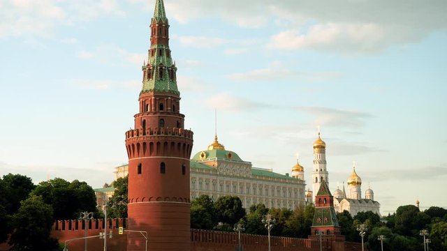 Exterior of The Moscow Kremlin includes Kremlin towers and The Grand Kremlin Palace. 4K