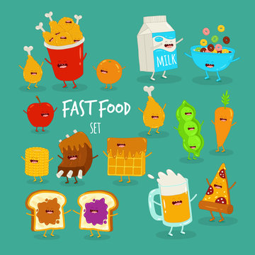 cartoon food set, breakfast, cornflakes, beer and pizza, vegetables, friends forever. Vector illustration.