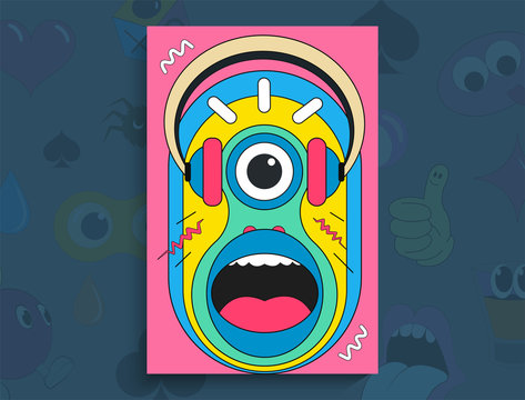 Colorful art poster, cartoon illustration with headphones and open mouth. The vector is suitable for your project, animation, advertising, flyer, poster, postcard, etc. Bright colors of geometric shap