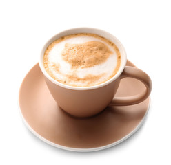 Cup of tasty cappuccino on white background