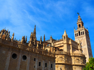 Fototapeta na wymiar View of the Giralda in Seville, Spain. It is the bell tower of the Cathedral of Saint Mary of the See in Seville, Andalusia, Spain.
