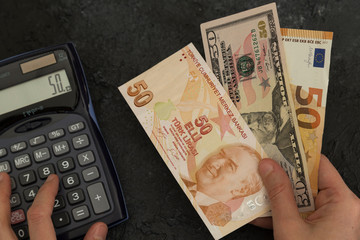 Exchange of dollar, Turkish lira and euro concept. Calculator on the black background.