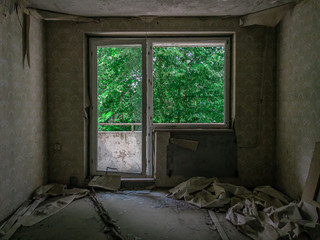 Fototapeta na wymiar An empty room in an abandoned building, looking out through a broken door on a balcony, in an overgrown forest