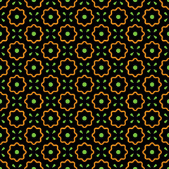 Vector seamless pattern. Abstract simple flower design. Orange and green elements on a black background. Modern minimal illustration perfect for backdrop graphic design, textiles, print, packing, etc.