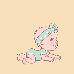 Cute little baby girl in diaper, green bodysuit, crawling.