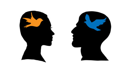 Silhouette of face of man with bird of prey inside his head. Silhouette of face of woman with songbird inside her head. Illustration isolated on white background.