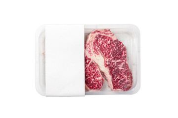 Raw Striploin marbled beef steak vacuum Packed isolated on white, logo mockup