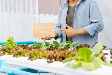A young worker stood holding a wood board that wrote at a vegetable hydroponics farm.