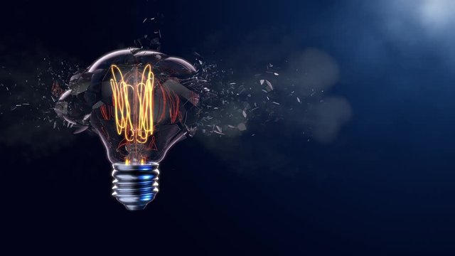 3D Animation Exploding light bulb on a blue background. New idea, creative thinking and innovative solutions.