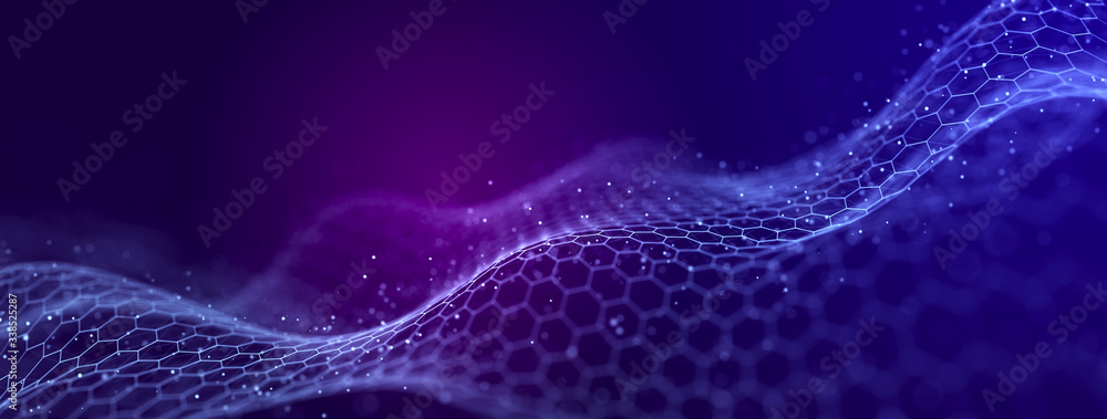 Fototapete Big data visualization. The musical stream of sounds. Abstract background with interweaving of dots . 3D rendering.