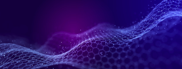 Fototapeta premium Big data visualization. The musical stream of sounds. Abstract background with interweaving of dots . 3D rendering.