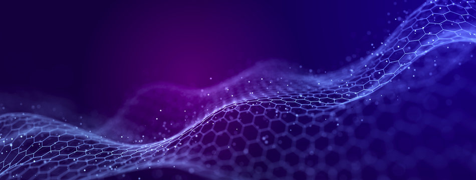 Big data visualization. The musical stream of sounds. Abstract background with interweaving of dots . 3D rendering.