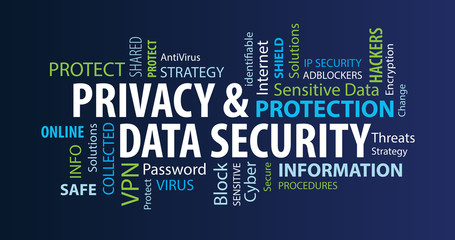 Privacy and Data Security Word Cloud on a Blue Background