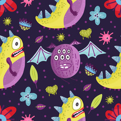 Obraz na płótnie Canvas Cute cartoon flying monster vector seamless pattern in a flat style. Funny kid alien character background. Mutant beast animal comic wallpaper on a dark background.