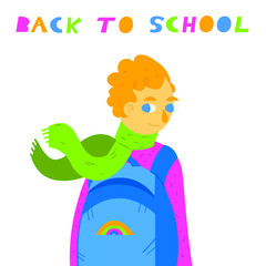 Little boy with blue eyes and red hair going to school. Colorful isolated vector illustration. 
