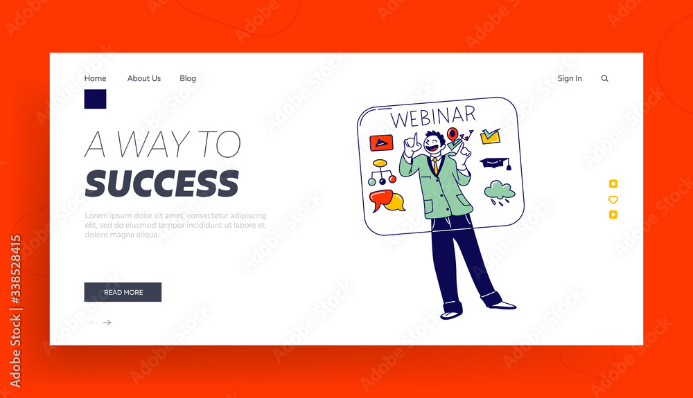 Poster virtual augmented reality landing page template. male character touching interactive interface for w