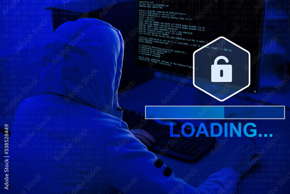 Poster Loading information, screen with code. Hacker in sweatshirt