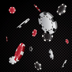 Casino poker chips falling isolated on black transparency background - 338529211