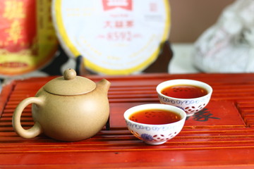 tea ceremony concept with puer or pu erh. Chinese tea table ceremony