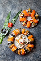 Sushi and rolls sets. Japonese food. top view