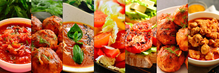 Collage of various dishes. A varied menu. Tasty food. Collage with red food.