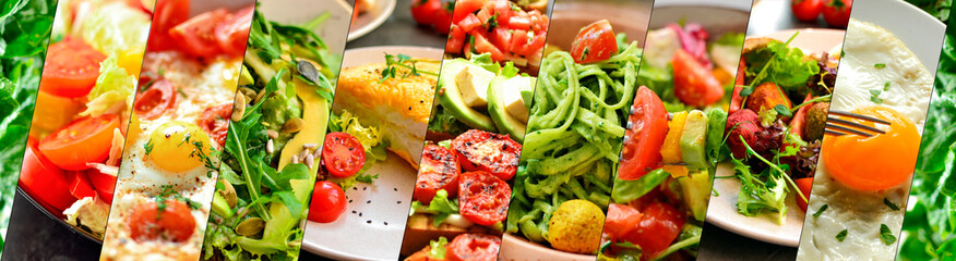 Food collage. Variety of vegetarian and vegan food. Delicious vegetable dishes.