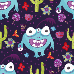 Cute cartoon monster vector seamless pattern in a flat style. Funny kid alien character background. Mutant beast animal comic wallpaper on a dark background.