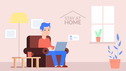 Man sitting on his sofa talking to friends on his computer. Vector illustration