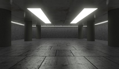 3D Rendering - Illustration abstract background, Empty Space White Glow, Elegant Hall Concrete Underground Showroom Garage futuristic Sci-Fi