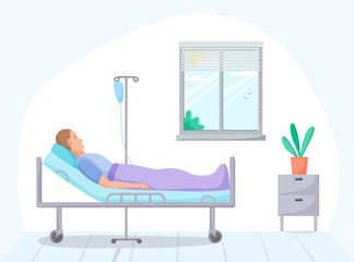 Person in hospital room, lonely patient on intravenous therapyin sickroom, medical case on treatment, ill men waiting for recovery in clinic, healthcare, vector