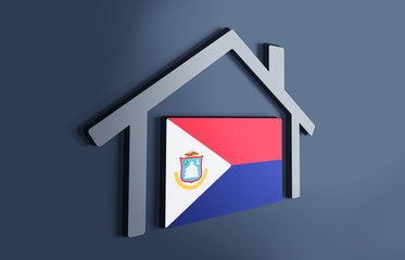 Sint Maarten is my home. 3D illustration that represents a house with the flag of the country inside, suggesting the love for the native country.