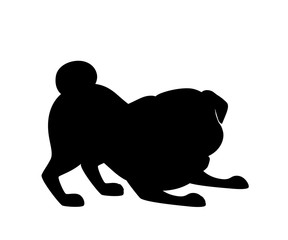 Black silhouette cute small friendly pug dog cartoon domestic animal design flat vector illustration isolated on white background