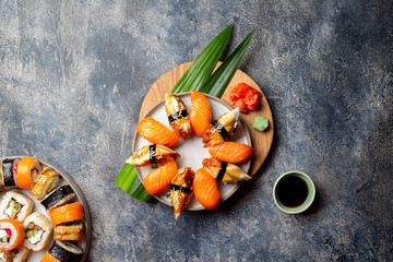 Sushi and rolls sets. Japonese food. top view