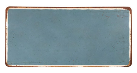 Old blue blank enameled plate mockup, mock up or template, isolated on white background 