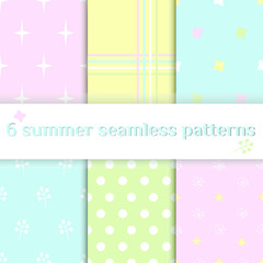 summer seamless patterns. Set of vector banners with flowers and geometric shapes. Good for textile fabric design, wrapping paper and website wallpapers. Vector illustration. Flat style.