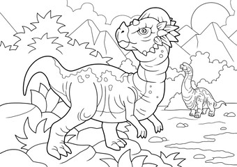 cartoon prehistoric Pachycephalosaurus dinosaur, coloring book, funny illustration