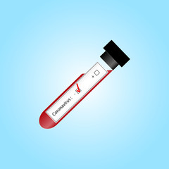 Coronavirus negative blood text. Red check mark on the label. Blue gradient background.